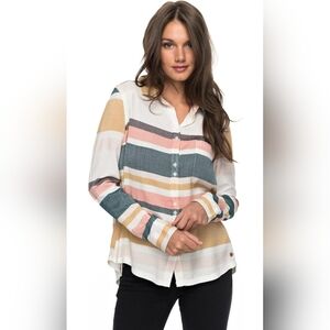 Roxy Long Sleeve Shirt Striped Multicolor Button-Up Women's Top Blue Yellow Pink